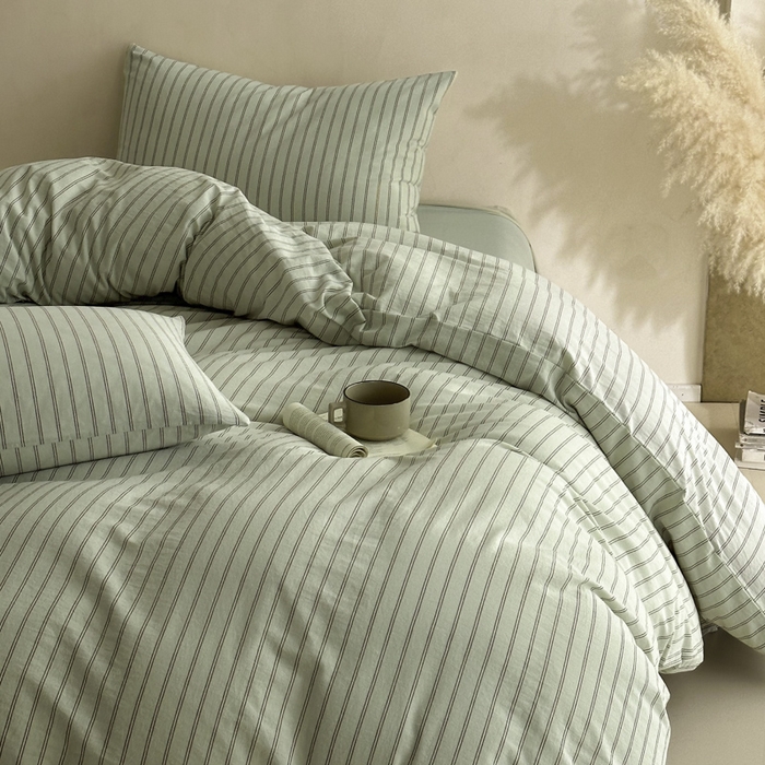 91家纺网 家纺一手货源 找家纺 ab家纺 2026新款色织水洗棉全棉四件套 双条-绿