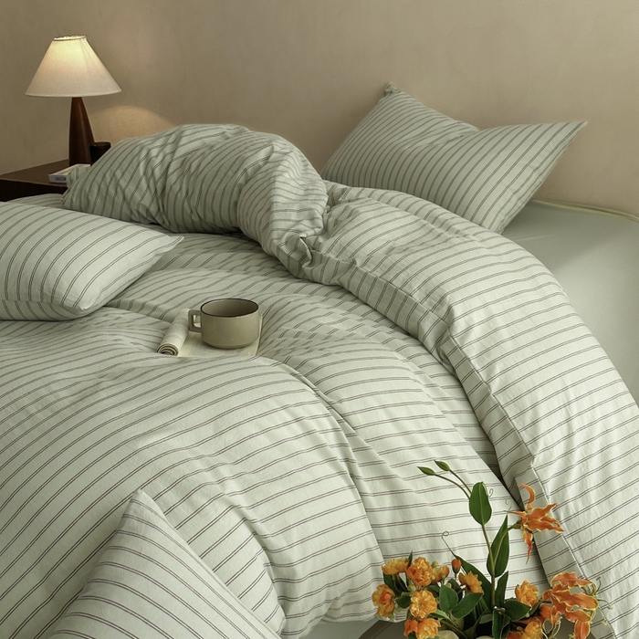 91家纺网 家纺一手货源 找家纺 ab家纺 2026新款色织水洗棉全棉四件套 双条-绿