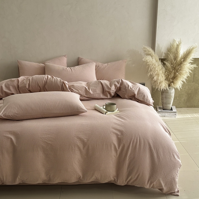 91家纺网 家纺一手货源 找家纺 ab家纺 2026新款色织水洗棉全棉四件套 余音-粉