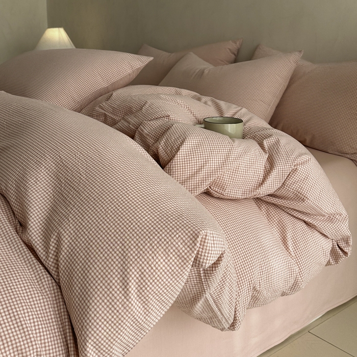 91家纺网 家纺一手货源 找家纺 ab家纺 2026新款色织水洗棉全棉四件套 余音-粉