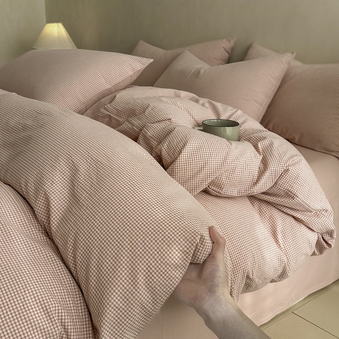 91家纺网 家纺一手货源 找家纺 ab家纺 2026新款色织水洗棉全棉四件套 余音-粉