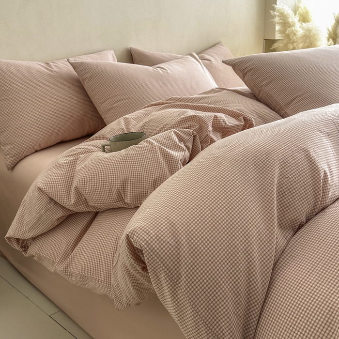 91家纺网 家纺一手货源 找家纺 ab家纺 2026新款色织水洗棉全棉四件套 余音-粉