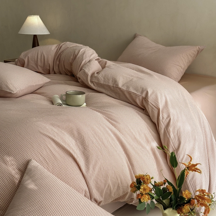 91家纺网 家纺一手货源 找家纺 ab家纺 2026新款色织水洗棉全棉四件套 余音-粉