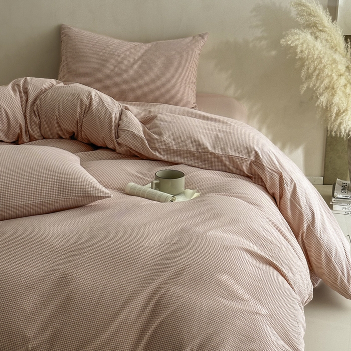 91家纺网 家纺一手货源 找家纺 ab家纺 2026新款色织水洗棉全棉四件套 余音-粉