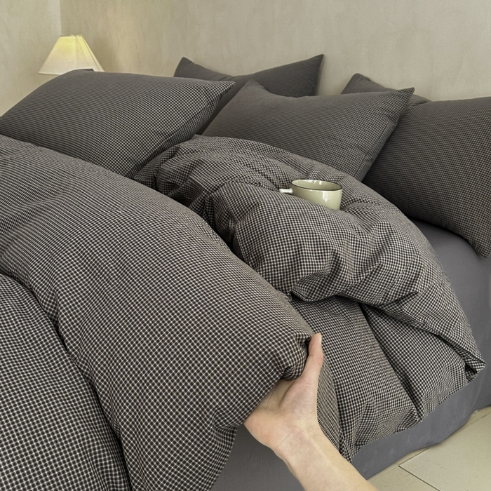 91家纺网 家纺一手货源 找家纺 ab家纺 2026新款色织水洗棉全棉四件套 余音-灰