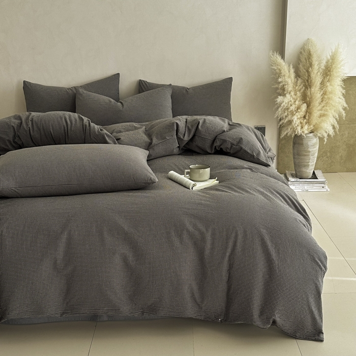 91家纺网 家纺一手货源 找家纺 ab家纺 2026新款色织水洗棉全棉四件套 余音-灰