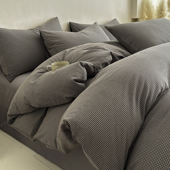 91家纺网 家纺一手货源 找家纺 ab家纺 2026新款色织水洗棉全棉四件套 余音-灰