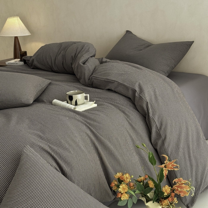 91家纺网 家纺一手货源 找家纺 ab家纺 2026新款色织水洗棉全棉四件套 余音-灰