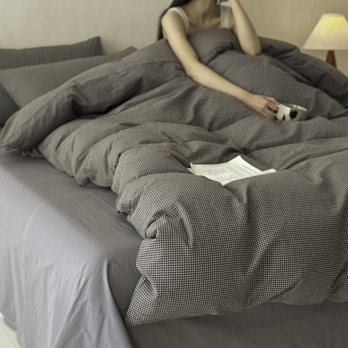 91家纺网 家纺一手货源 找家纺 ab家纺 2026新款色织水洗棉全棉四件套 余音-灰