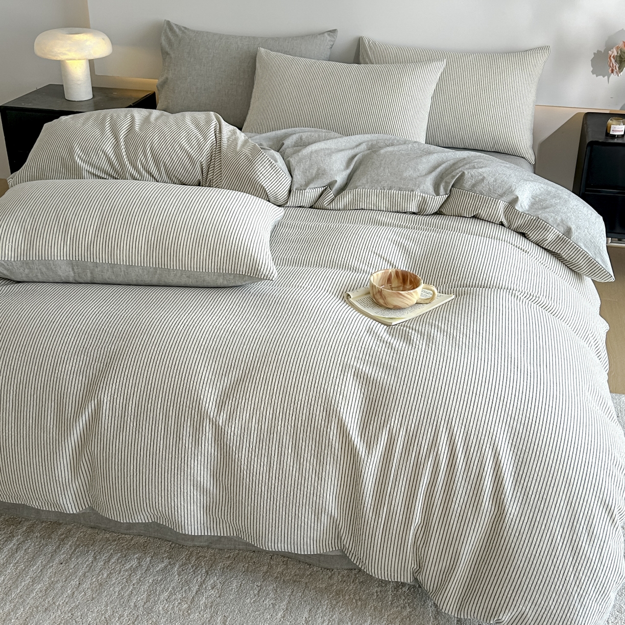 91家纺网 家纺一手货源 找家纺 （总）ab家纺 2026新款条纹色织棉麻四件套