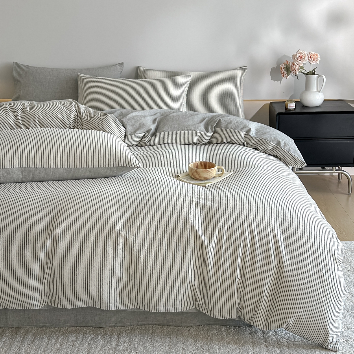 91家纺网 家纺一手货源 找家纺 ab家纺 2026新款条纹色织棉麻四件套 禾野-黑