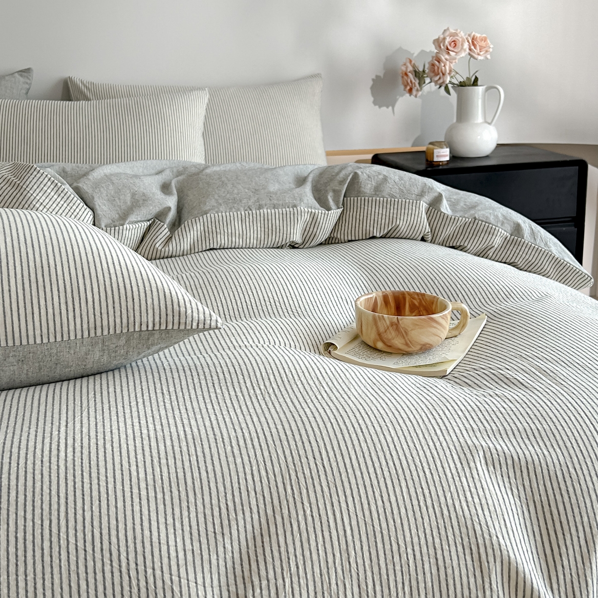 91家纺网 家纺一手货源 找家纺 ab家纺 2026新款条纹色织棉麻四件套 禾野-黑