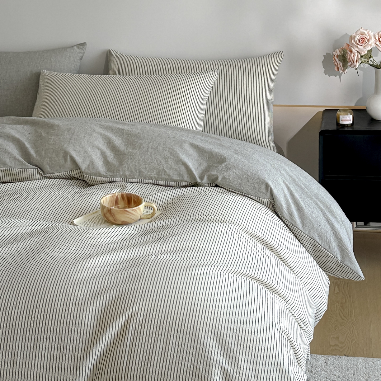 91家纺网 家纺一手货源 找家纺 ab家纺 2026新款条纹色织棉麻四件套 禾野-黑