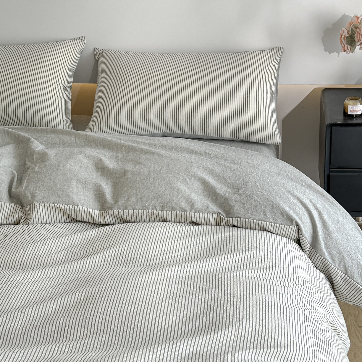 91家纺网 家纺一手货源 找家纺 ab家纺 2026新款条纹色织棉麻四件套 禾野-黑