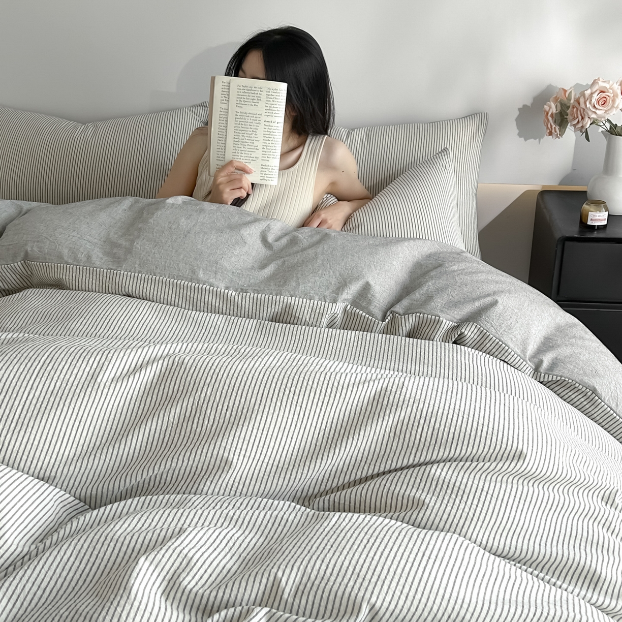 91家纺网 家纺一手货源 找家纺 ab家纺 2026新款条纹色织棉麻四件套 禾野-黑