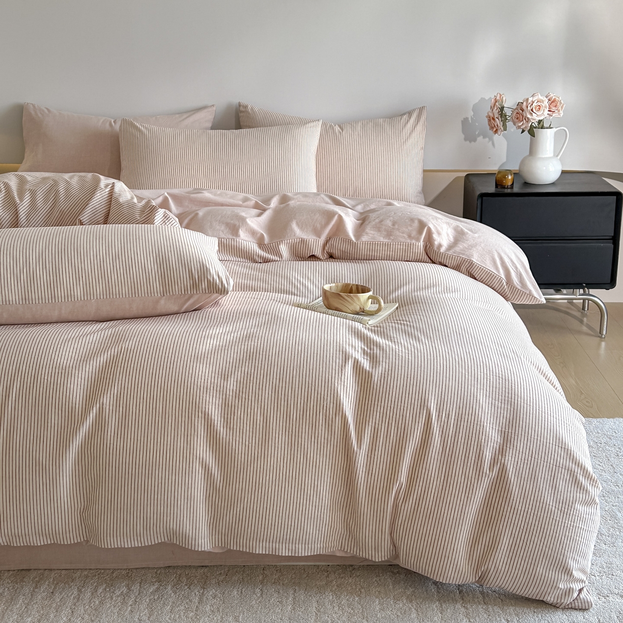 91家纺网 家纺一手货源 找家纺 ab家纺 2026新款条纹色织棉麻四件套 禾野-桔