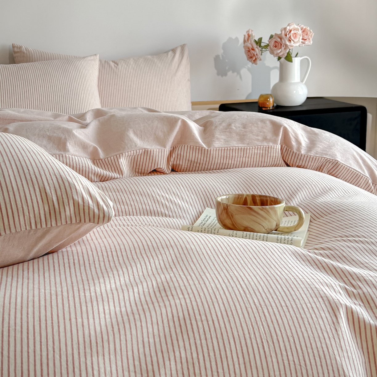 91家纺网 家纺一手货源 找家纺 ab家纺 2026新款条纹色织棉麻四件套 禾野-桔