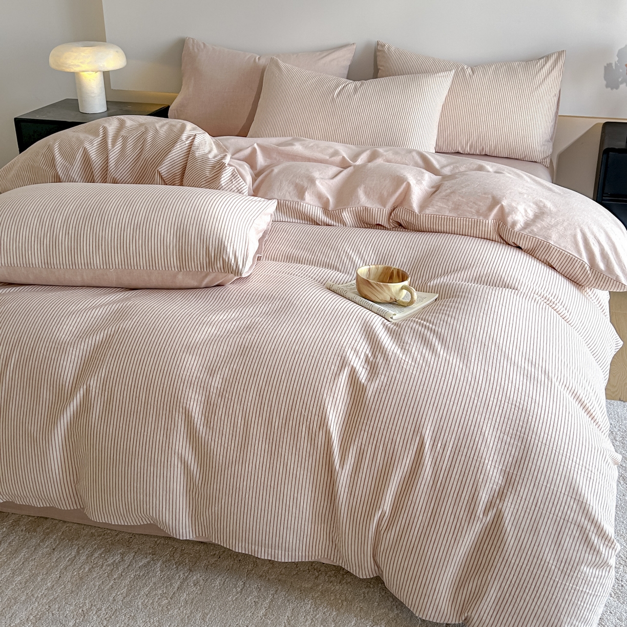 91家纺网 家纺一手货源 找家纺 ab家纺 2026新款条纹色织棉麻四件套 禾野-桔