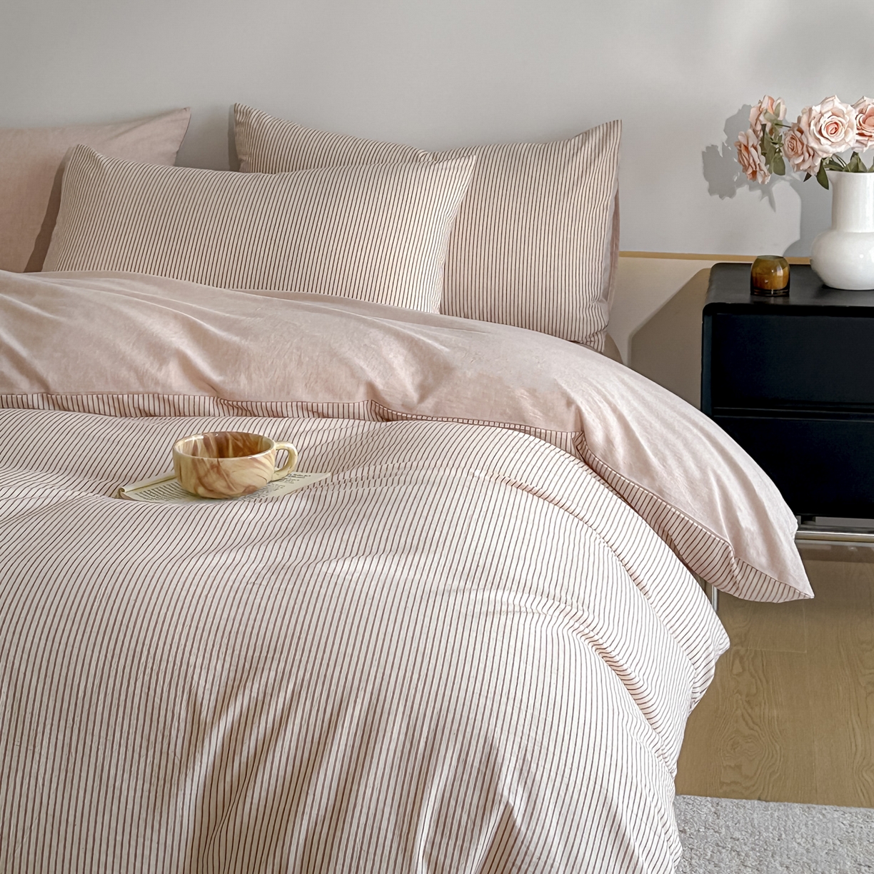 91家纺网 家纺一手货源 找家纺 ab家纺 2026新款条纹色织棉麻四件套 禾野-桔