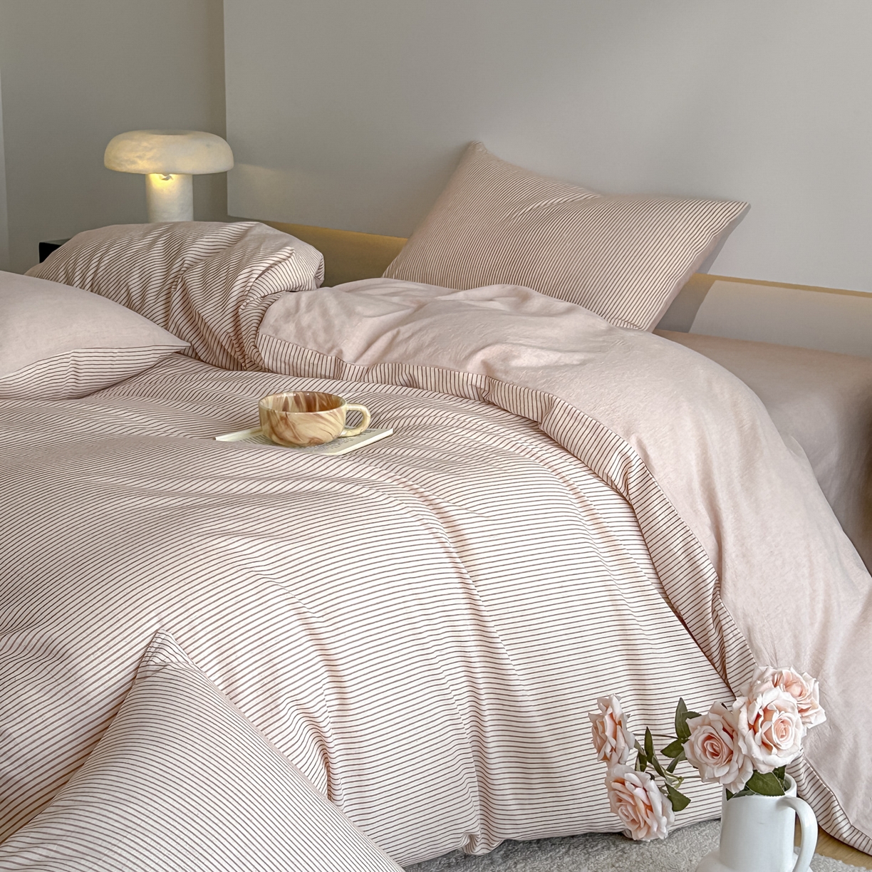 91家纺网 家纺一手货源 找家纺 ab家纺 2026新款条纹色织棉麻四件套 禾野-桔