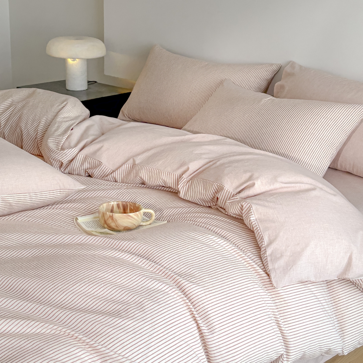 91家纺网 家纺一手货源 找家纺 ab家纺 2026新款条纹色织棉麻四件套 禾野-桔