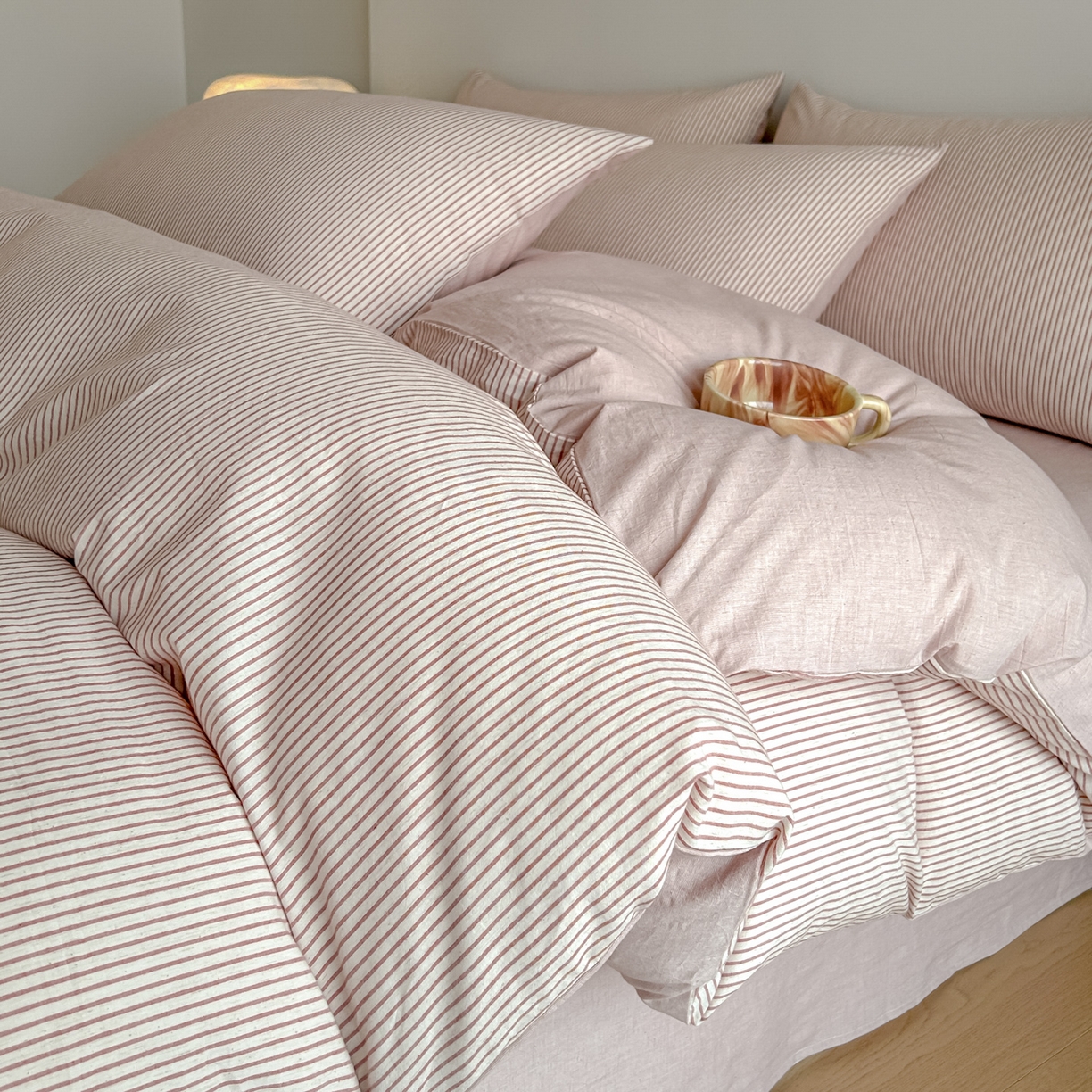 91家纺网 家纺一手货源 找家纺 ab家纺 2026新款条纹色织棉麻四件套 禾野-桔