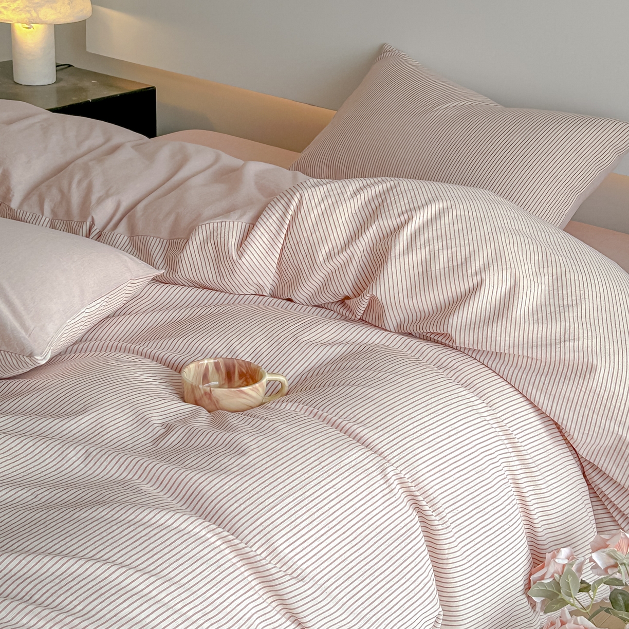 91家纺网 家纺一手货源 找家纺 ab家纺 2026新款条纹色织棉麻四件套 禾野-桔