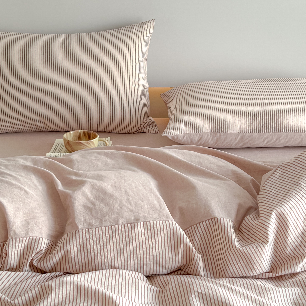 91家纺网 家纺一手货源 找家纺 ab家纺 2026新款条纹色织棉麻四件套 禾野-桔