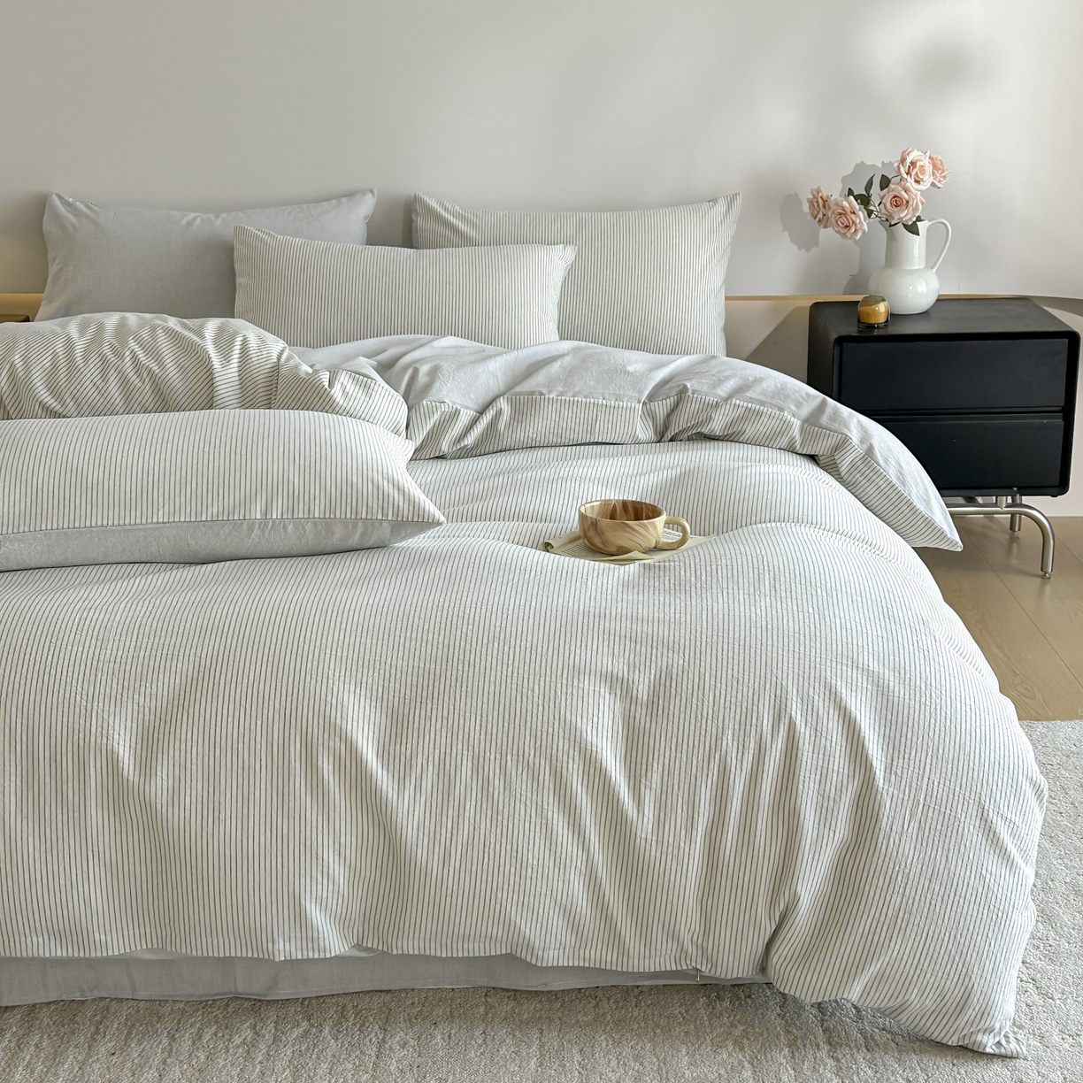 91家纺网 家纺一手货源 找家纺 ab家纺 2026新款条纹色织棉麻四件套 禾野-兰