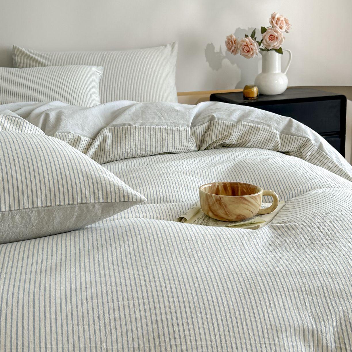 91家纺网 家纺一手货源 找家纺 ab家纺 2026新款条纹色织棉麻四件套 禾野-兰