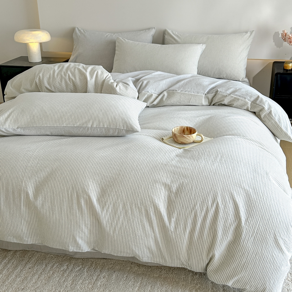 91家纺网 家纺一手货源 找家纺 ab家纺 2026新款条纹色织棉麻四件套 禾野-兰