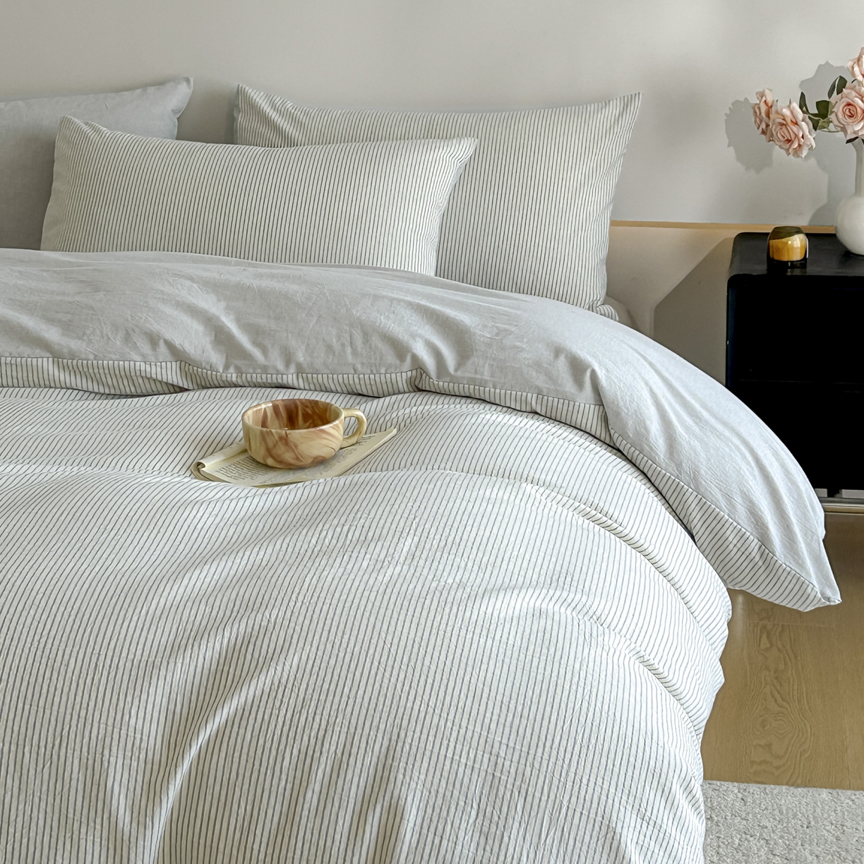 91家纺网 家纺一手货源 找家纺 ab家纺 2026新款条纹色织棉麻四件套 禾野-兰