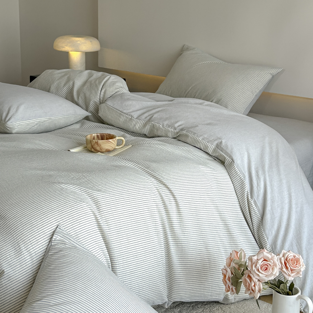 91家纺网 家纺一手货源 找家纺 ab家纺 2026新款条纹色织棉麻四件套 禾野-兰