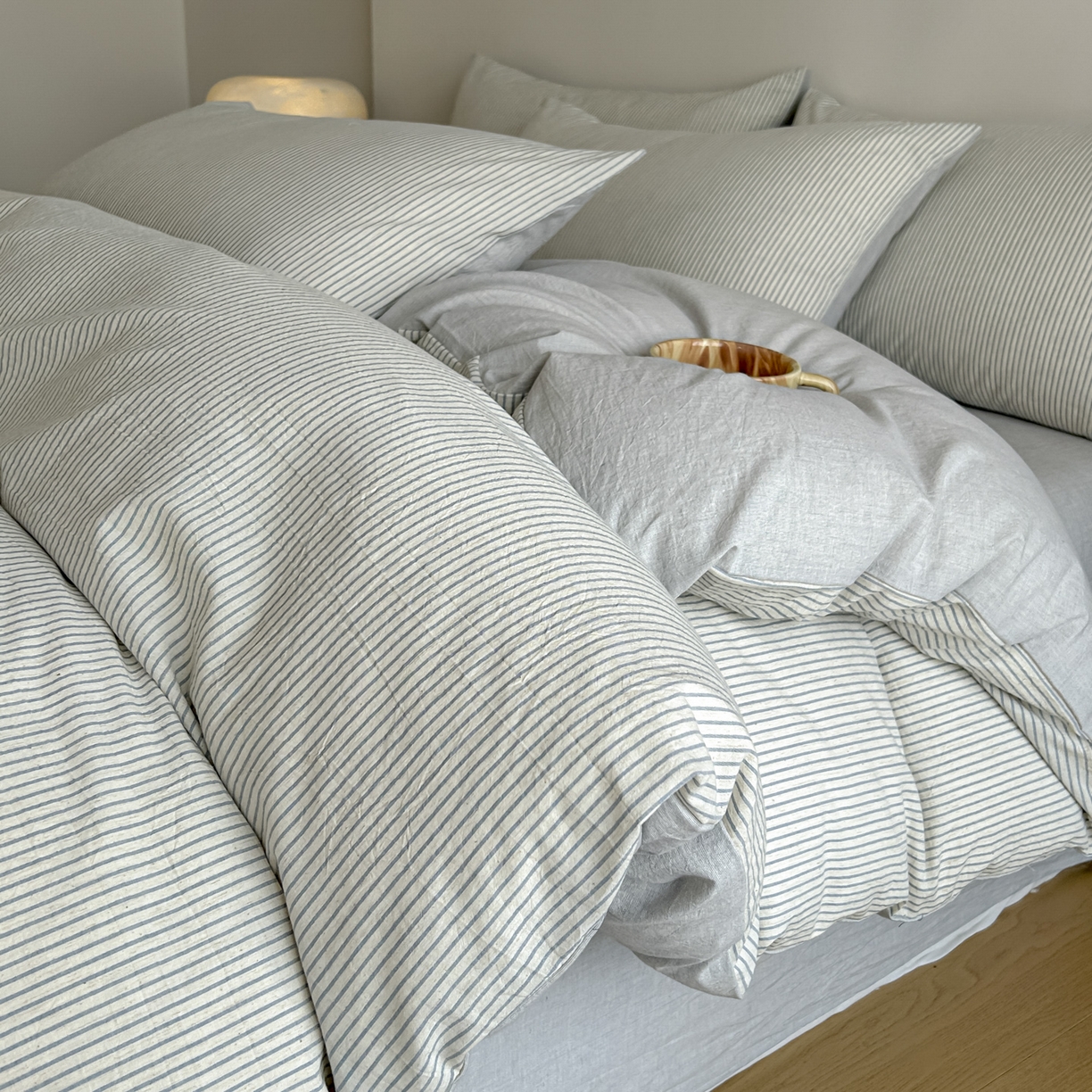 91家纺网 家纺一手货源 找家纺 ab家纺 2026新款条纹色织棉麻四件套 禾野-兰