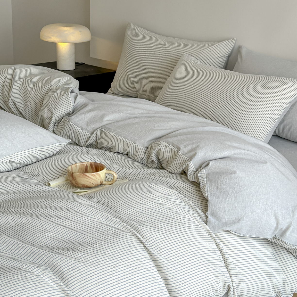 91家纺网 家纺一手货源 找家纺 ab家纺 2026新款条纹色织棉麻四件套 禾野-兰