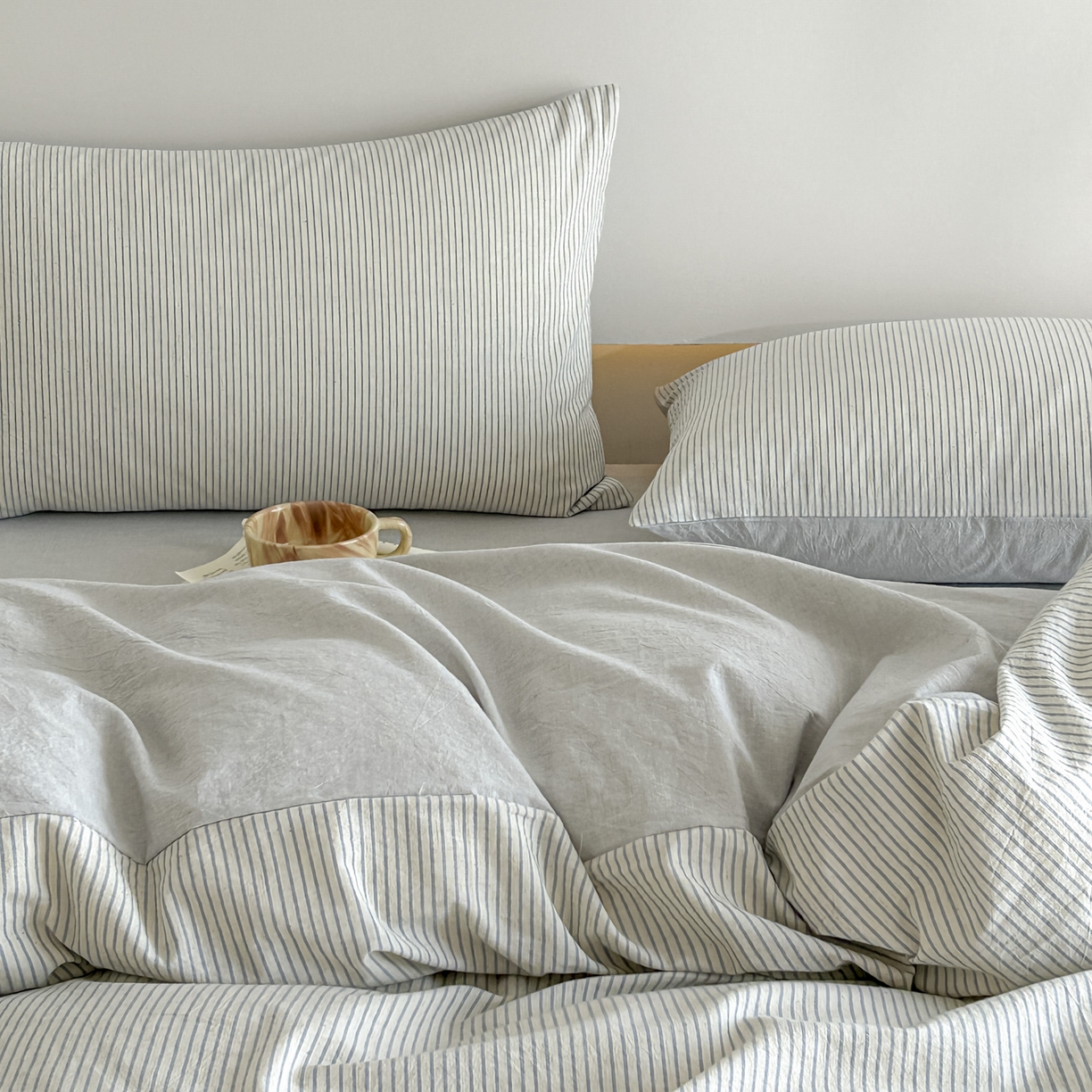 91家纺网 家纺一手货源 找家纺 ab家纺 2026新款条纹色织棉麻四件套 禾野-兰