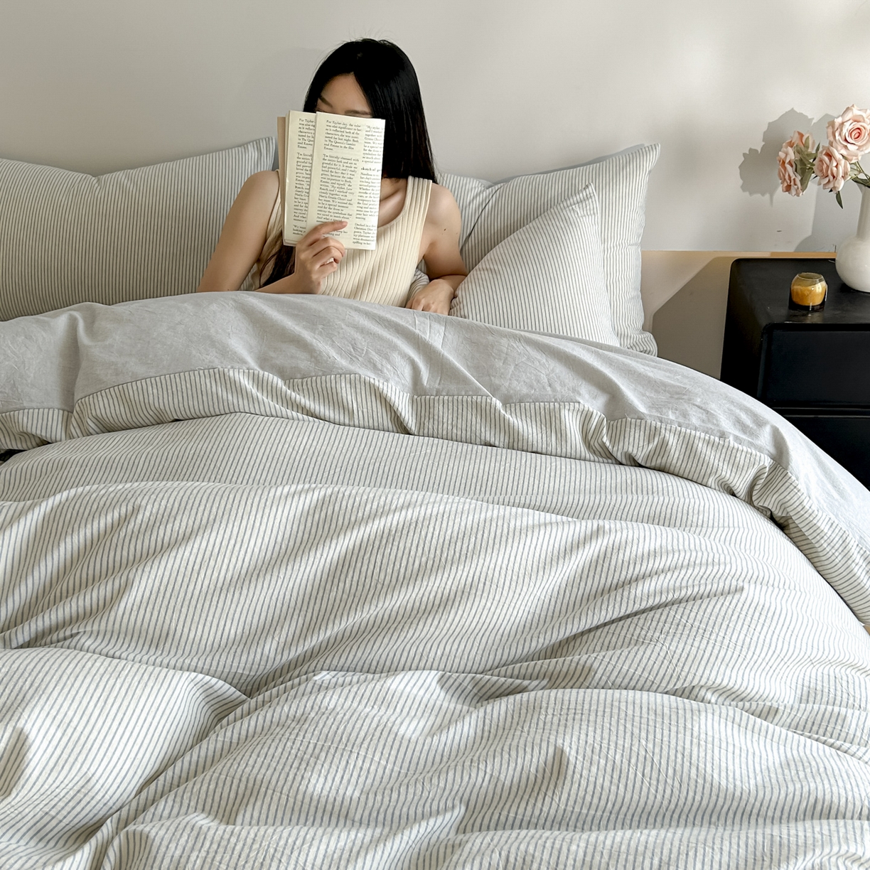 91家纺网 家纺一手货源 找家纺 ab家纺 2026新款条纹色织棉麻四件套 禾野-兰