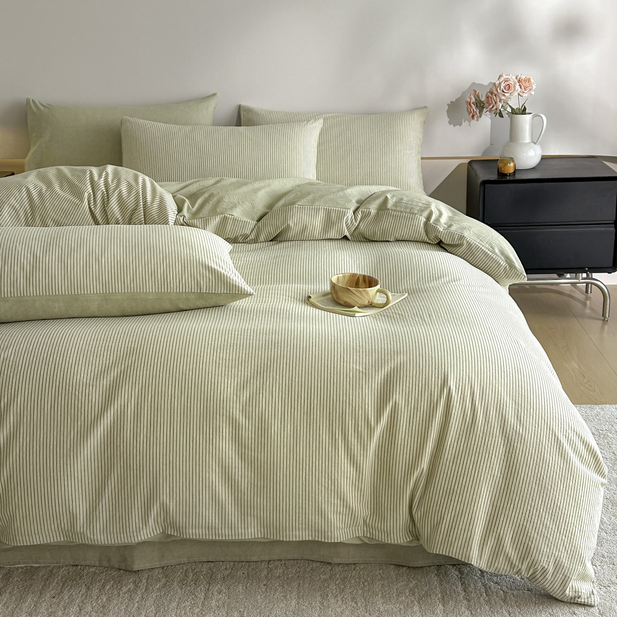 91家纺网 家纺一手货源 找家纺 ab家纺 2026新款条纹色织棉麻四件套 禾野-绿