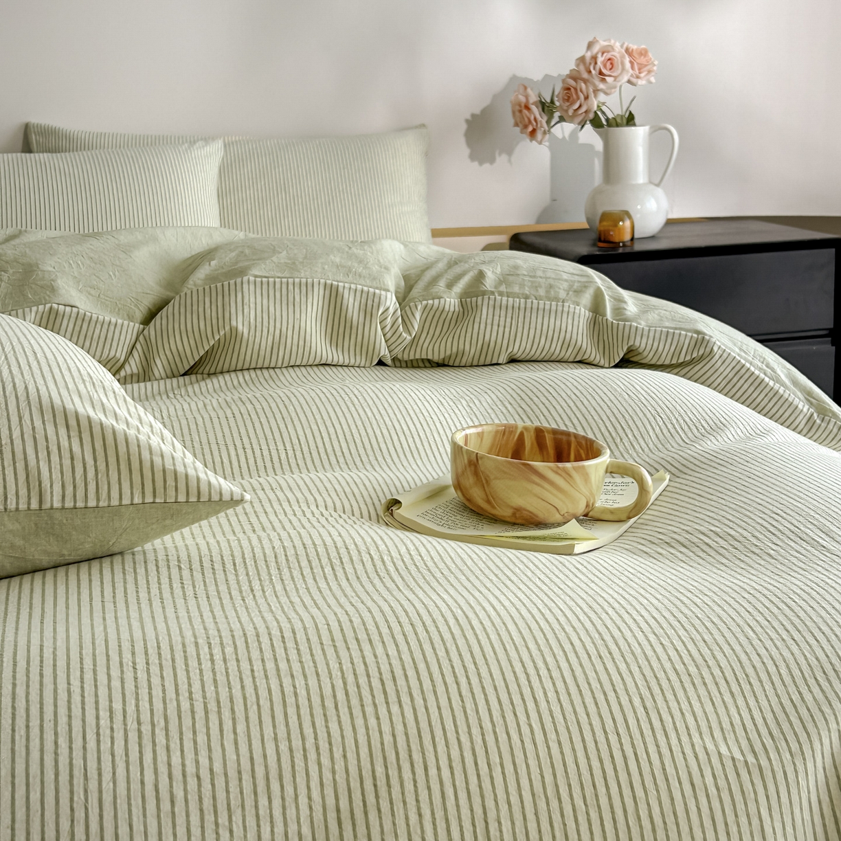 91家纺网 家纺一手货源 找家纺 ab家纺 2026新款条纹色织棉麻四件套 禾野-绿