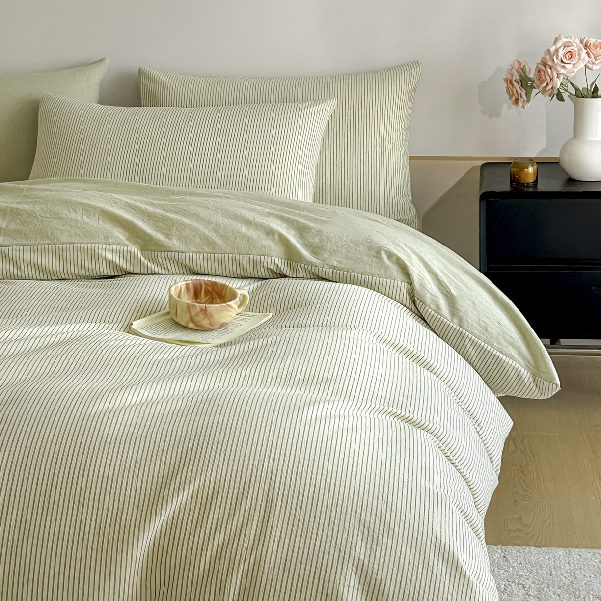 91家纺网 家纺一手货源 找家纺 ab家纺 2026新款条纹色织棉麻四件套 禾野-绿