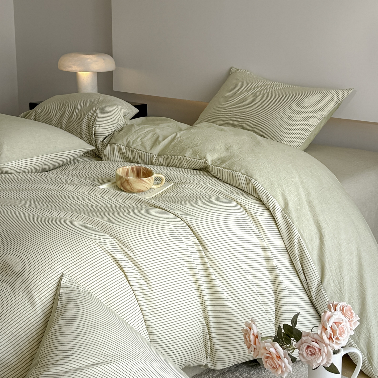 91家纺网 家纺一手货源 找家纺 ab家纺 2026新款条纹色织棉麻四件套 禾野-绿