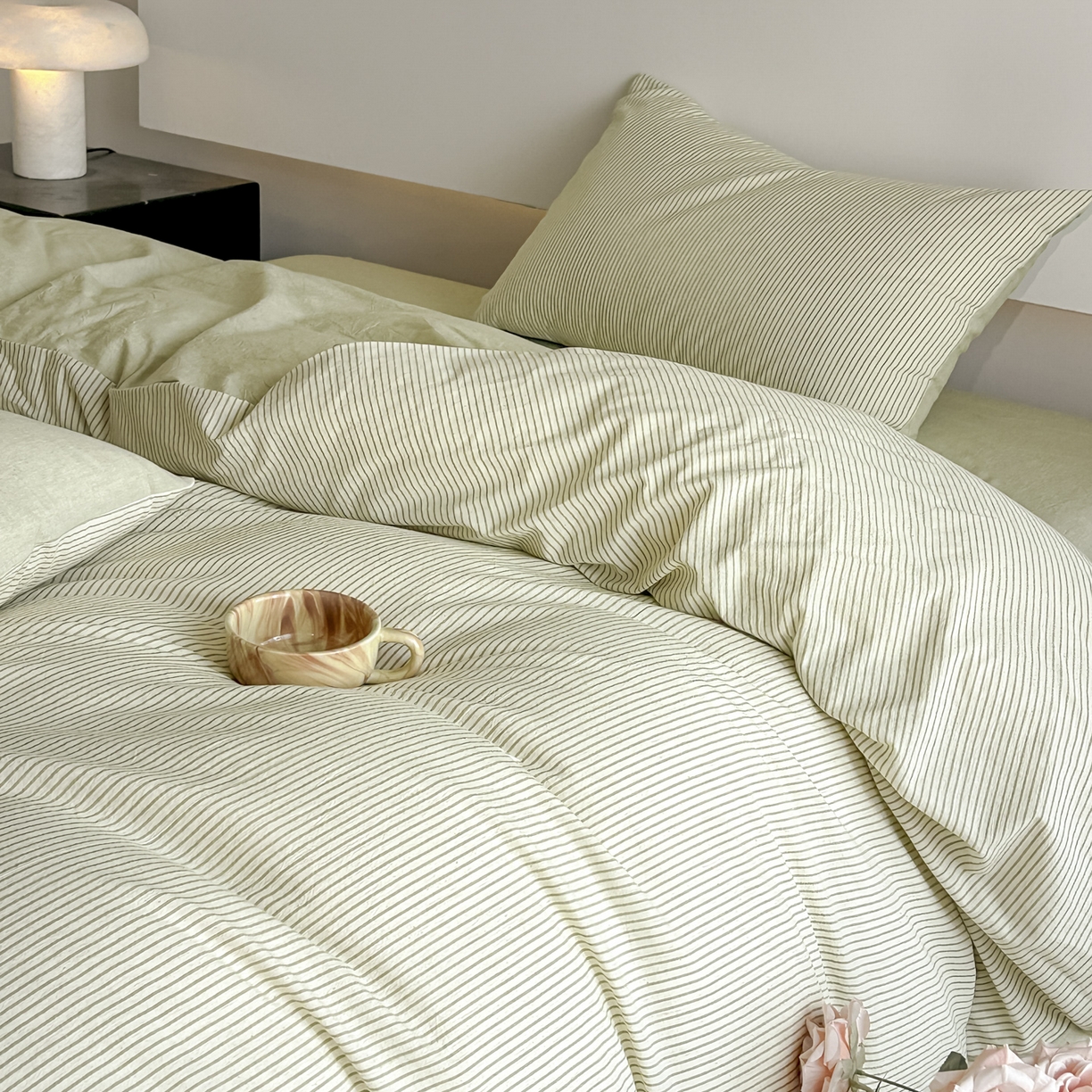 91家纺网 家纺一手货源 找家纺 ab家纺 2026新款条纹色织棉麻四件套 禾野-绿