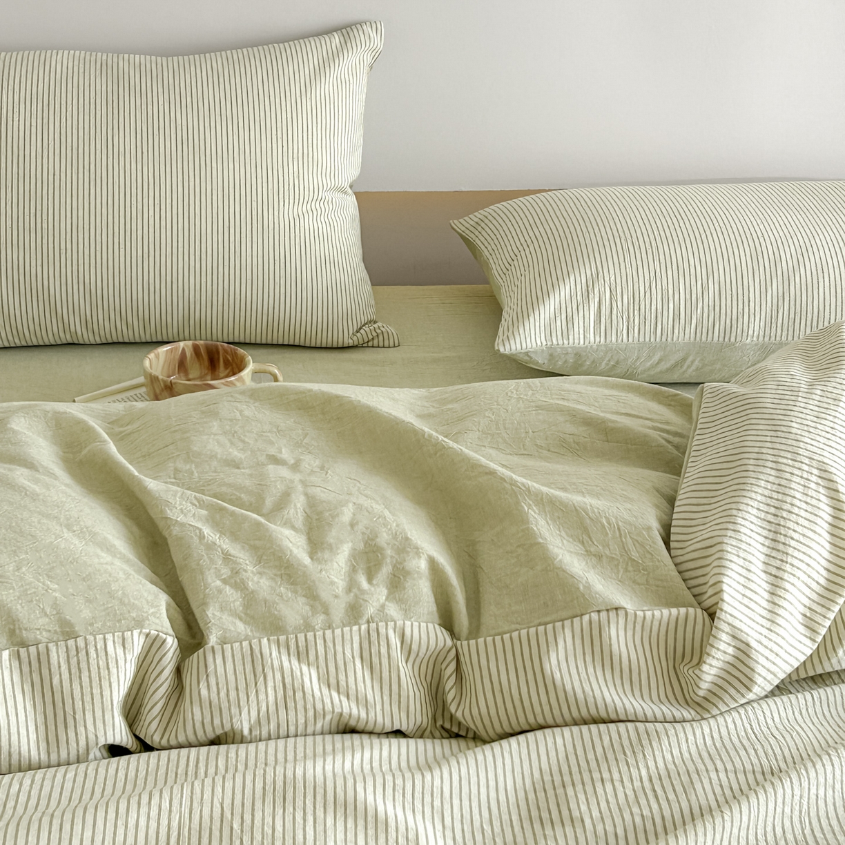 91家纺网 家纺一手货源 找家纺 ab家纺 2026新款条纹色织棉麻四件套 禾野-绿