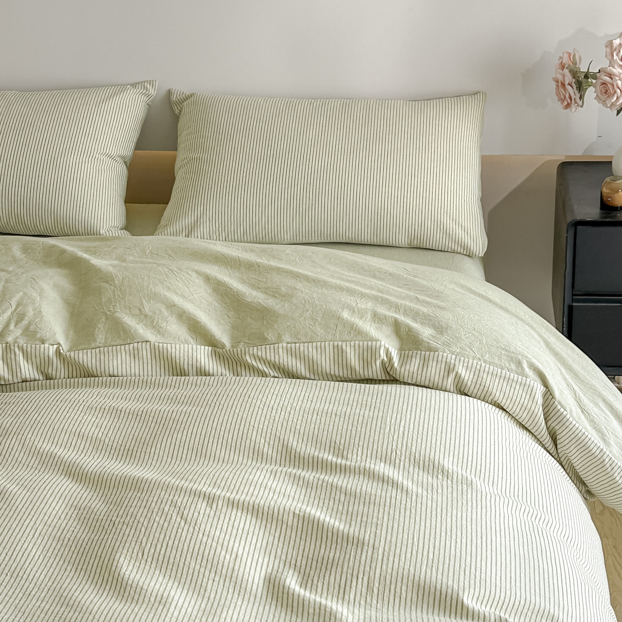 91家纺网 家纺一手货源 找家纺 ab家纺 2026新款条纹色织棉麻四件套 禾野-绿