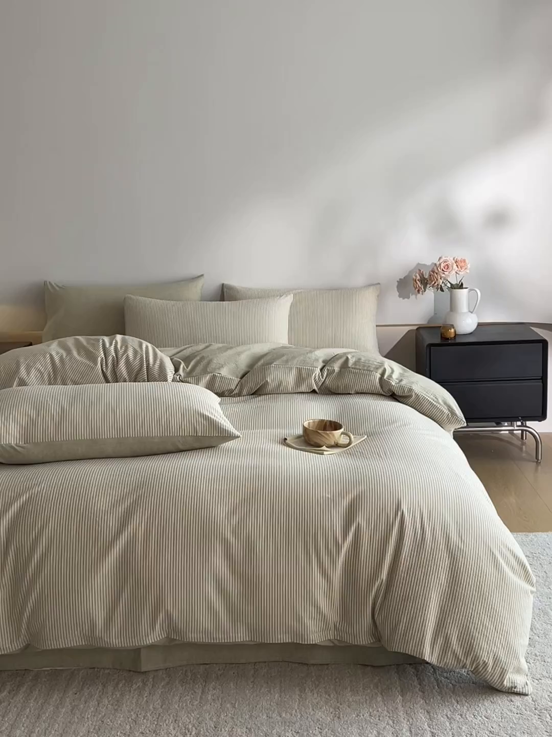 91家纺网 家纺一手货源 找家纺 ab家纺 2026新款条纹色织棉麻四件套 禾野-绿