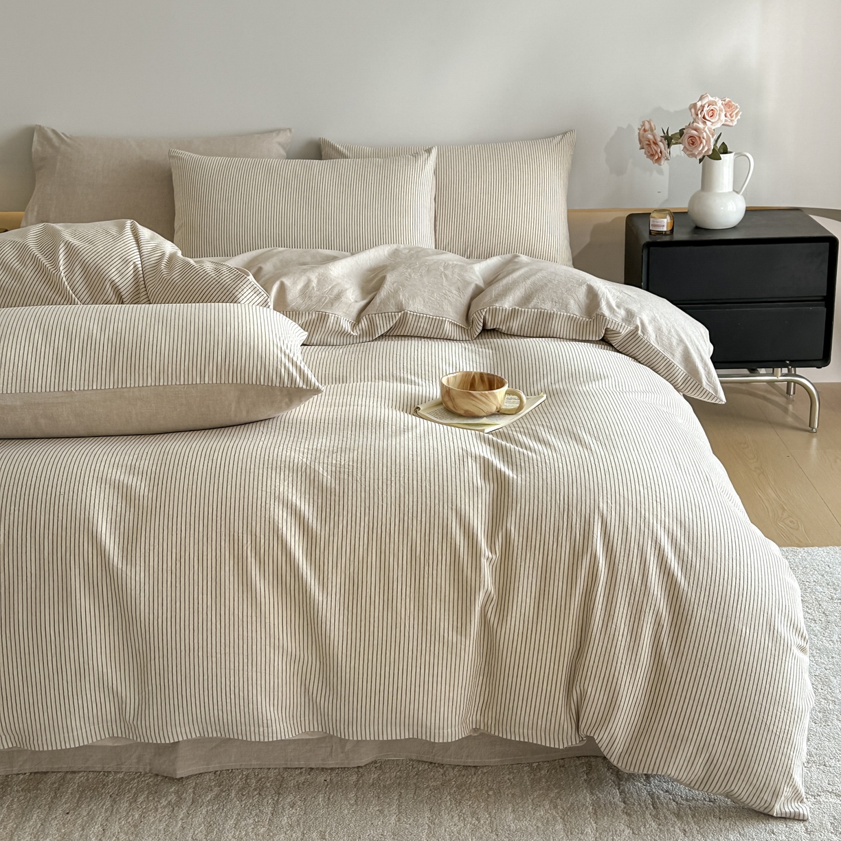 91家纺网 家纺一手货源 找家纺 ab家纺 2026新款条纹色织棉麻四件套 禾野-浅咖