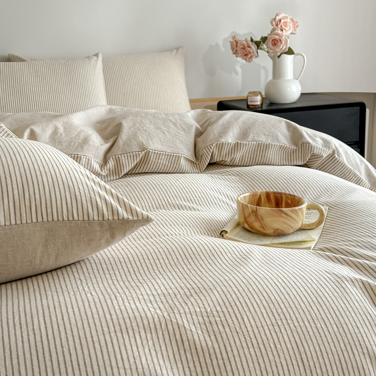 91家纺网 家纺一手货源 找家纺 ab家纺 2026新款条纹色织棉麻四件套 禾野-浅咖