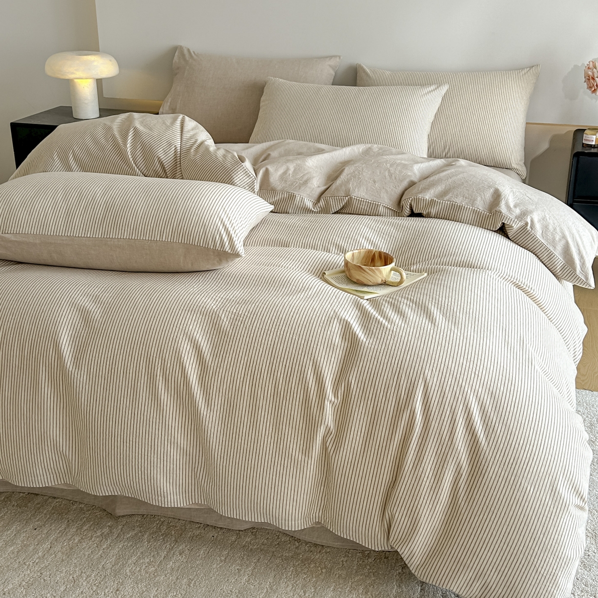 91家纺网 家纺一手货源 找家纺 ab家纺 2026新款条纹色织棉麻四件套 禾野-浅咖