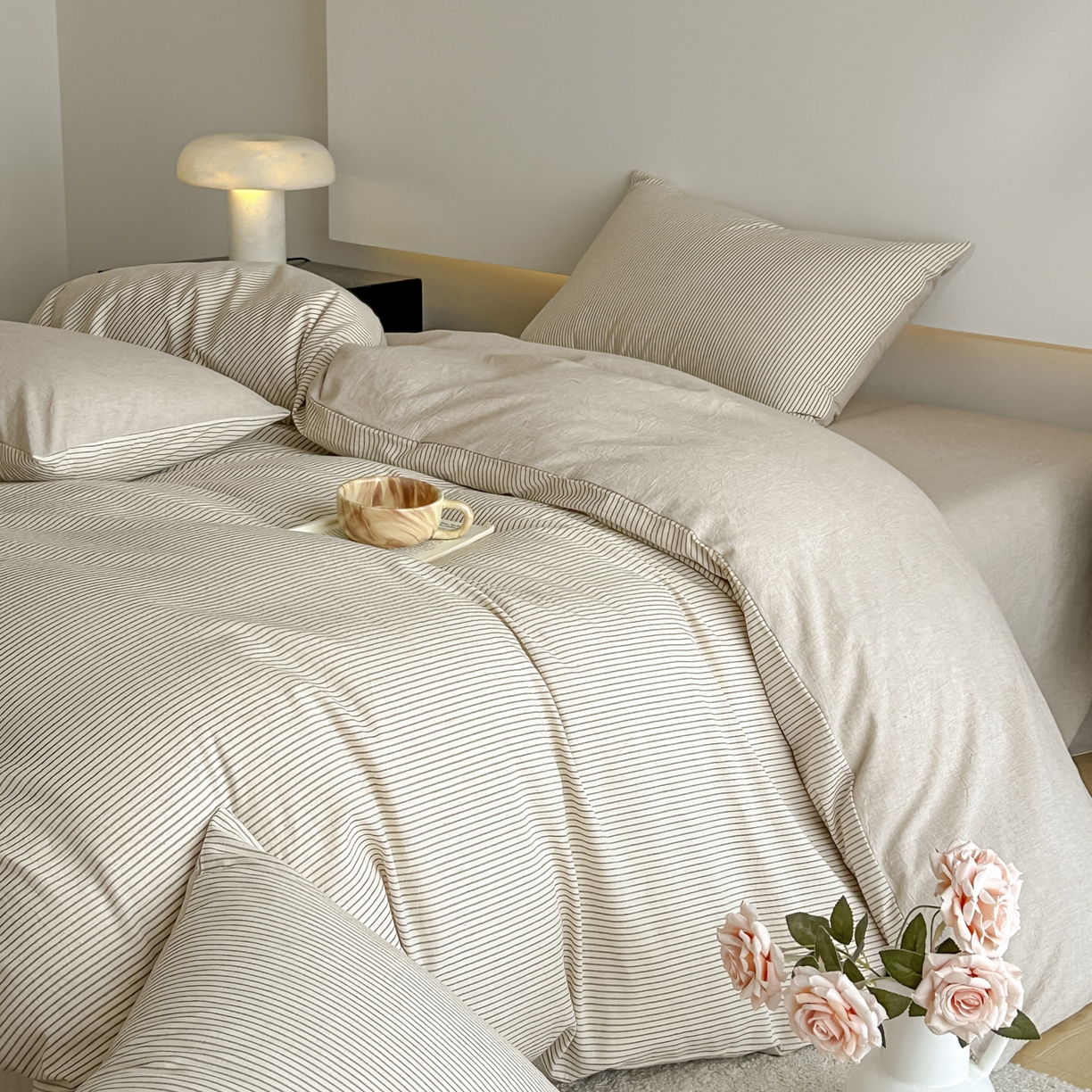 91家纺网 家纺一手货源 找家纺 ab家纺 2026新款条纹色织棉麻四件套 禾野-浅咖