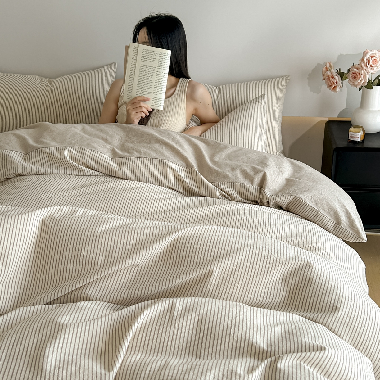 91家纺网 家纺一手货源 找家纺 ab家纺 2026新款条纹色织棉麻四件套 禾野-浅咖